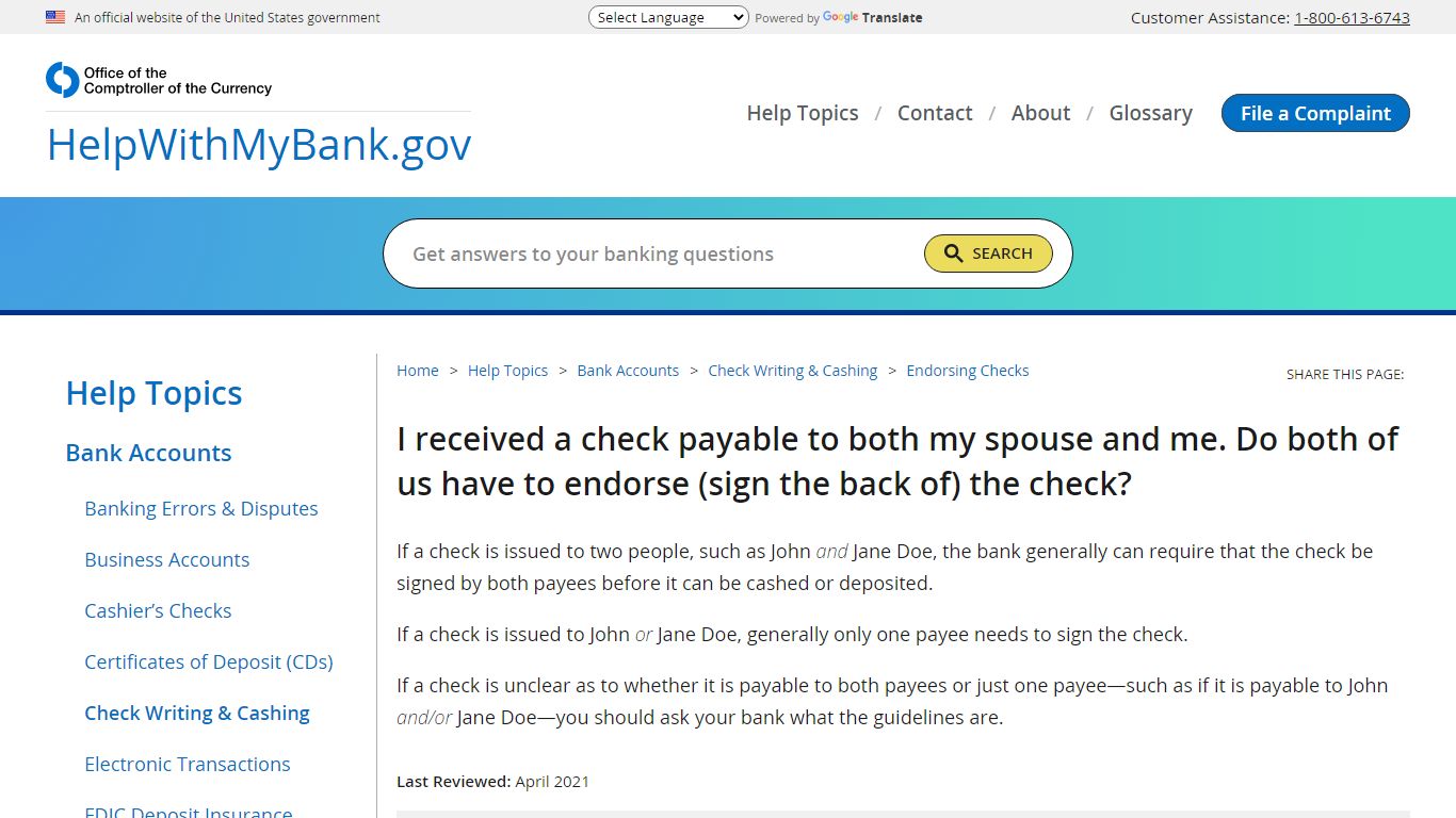 Must both my spouse and I endorse a check made out to both of us?